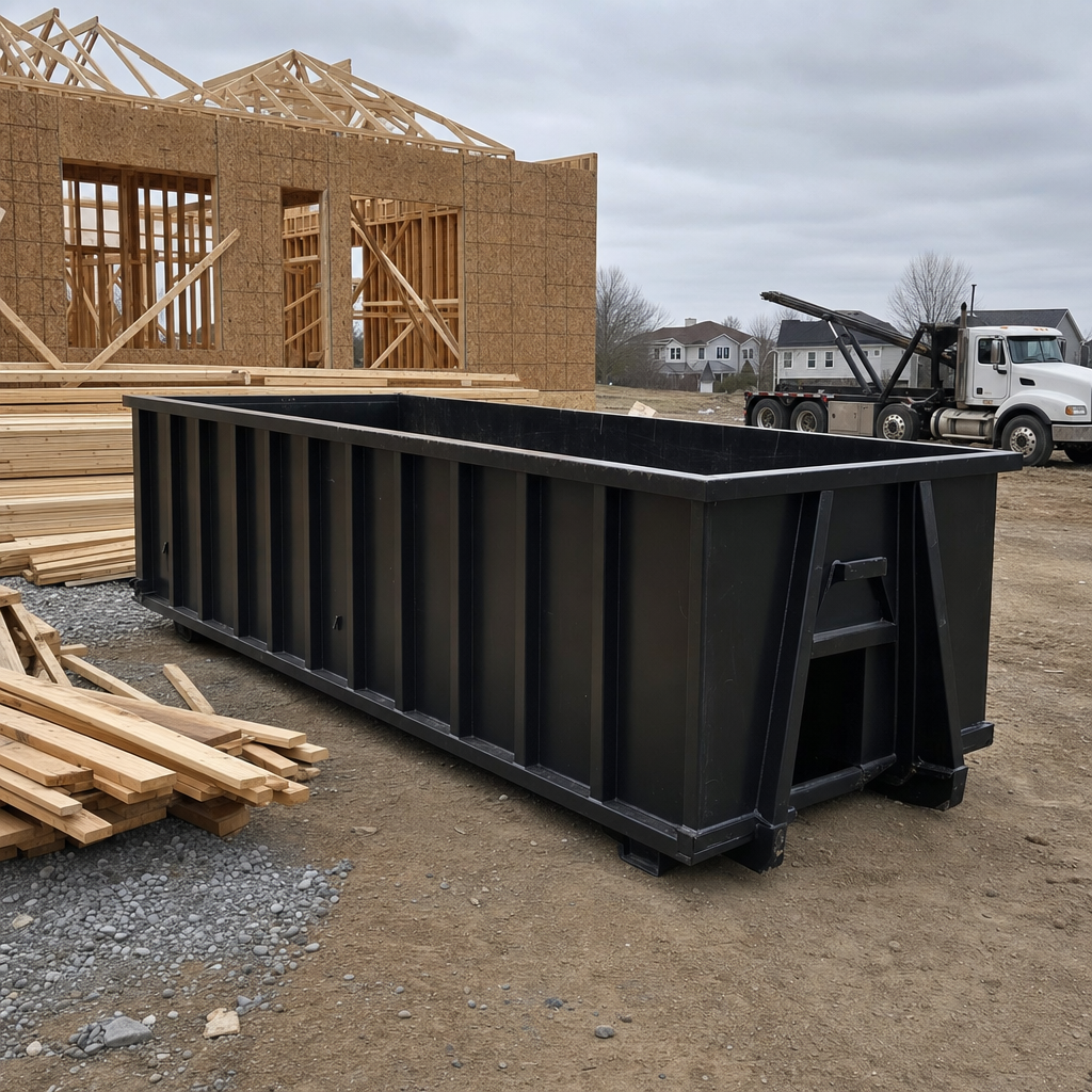 Matte-black 40-yard roll-off dumpster staged on a framed-out residential construction site in Livermore, framing lumber stacked nearby, hooklift delivery truck visible in the background under bright Colorado daylight