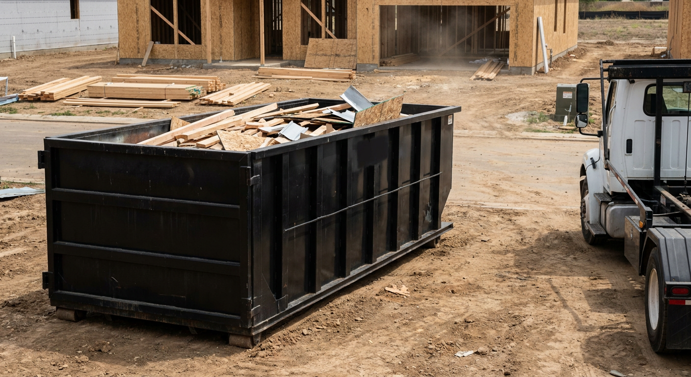 Matte-black 20-yard roll-off construction dumpster with heavy ribbed steel sidewalls and swing rear doors at a working jobsite in Livermore, sitting directly on compacted dirt with an unmarked white hauler partially visible at the far edge of the frame.