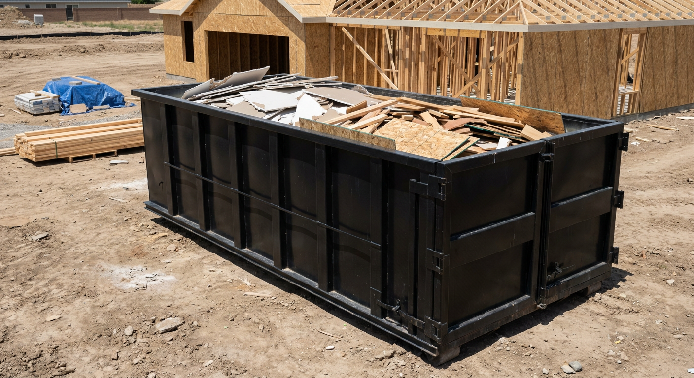 Matte-black 30-yard roll-off construction dumpster sitting directly on the compacted-dirt site of a framed single-family home build in Livermore, drywall and lumber scrap loaded inside.