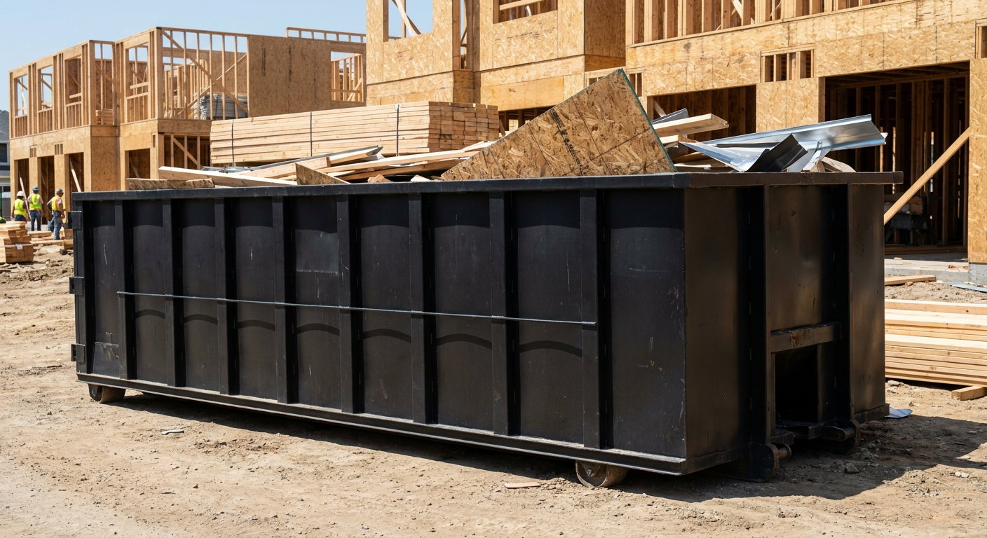 Matte-black 40-yard roll-off construction dumpster being lowered from a white-cab hooklift delivery truck onto the compacted-dirt jobsite at a commercial build site in Livermore