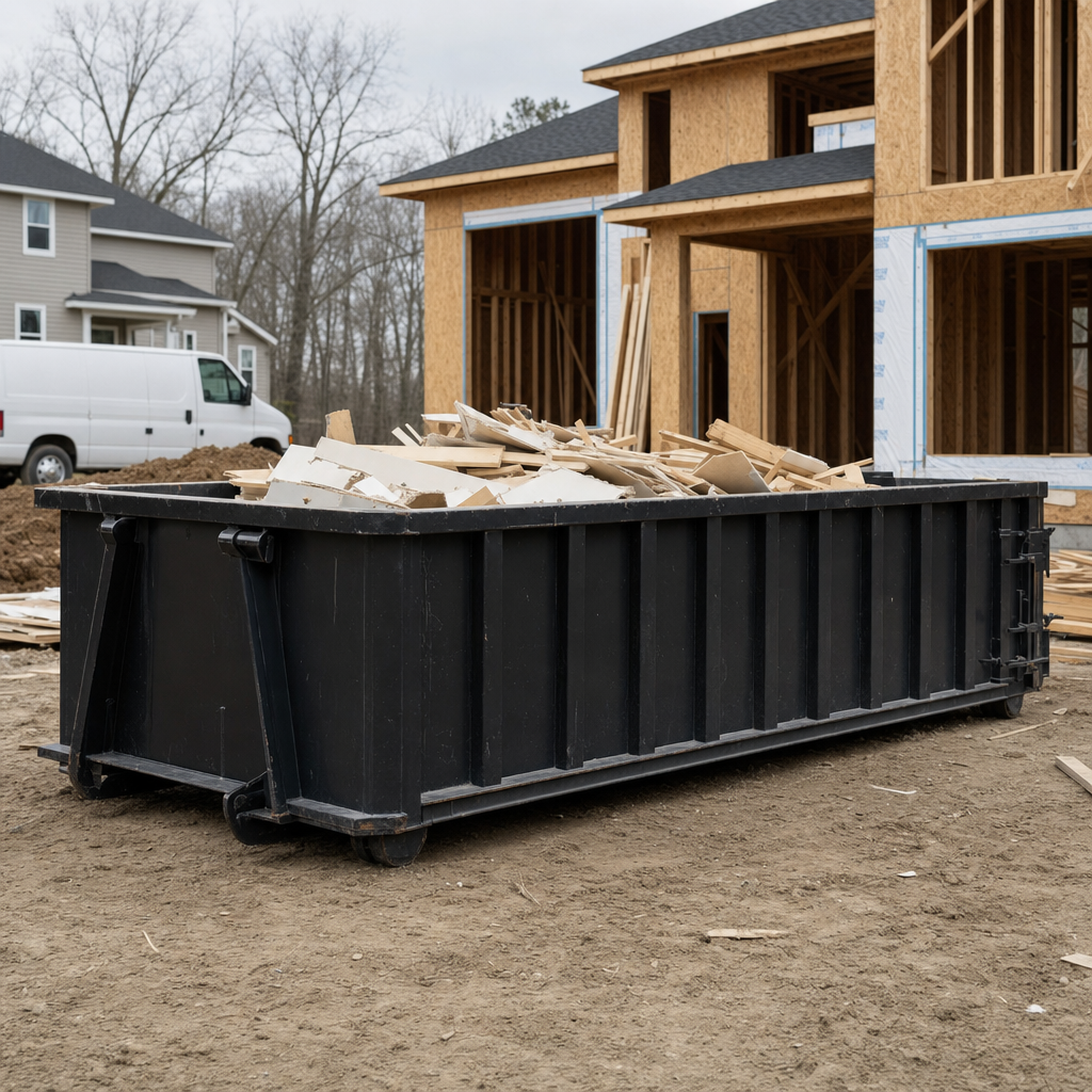 Worker in a yellow high-visibility vest tossing framing lumber and broken drywall into a matte-black 30-yard construction roll-off dumpster on an active build site in Livermore, bright daylight
