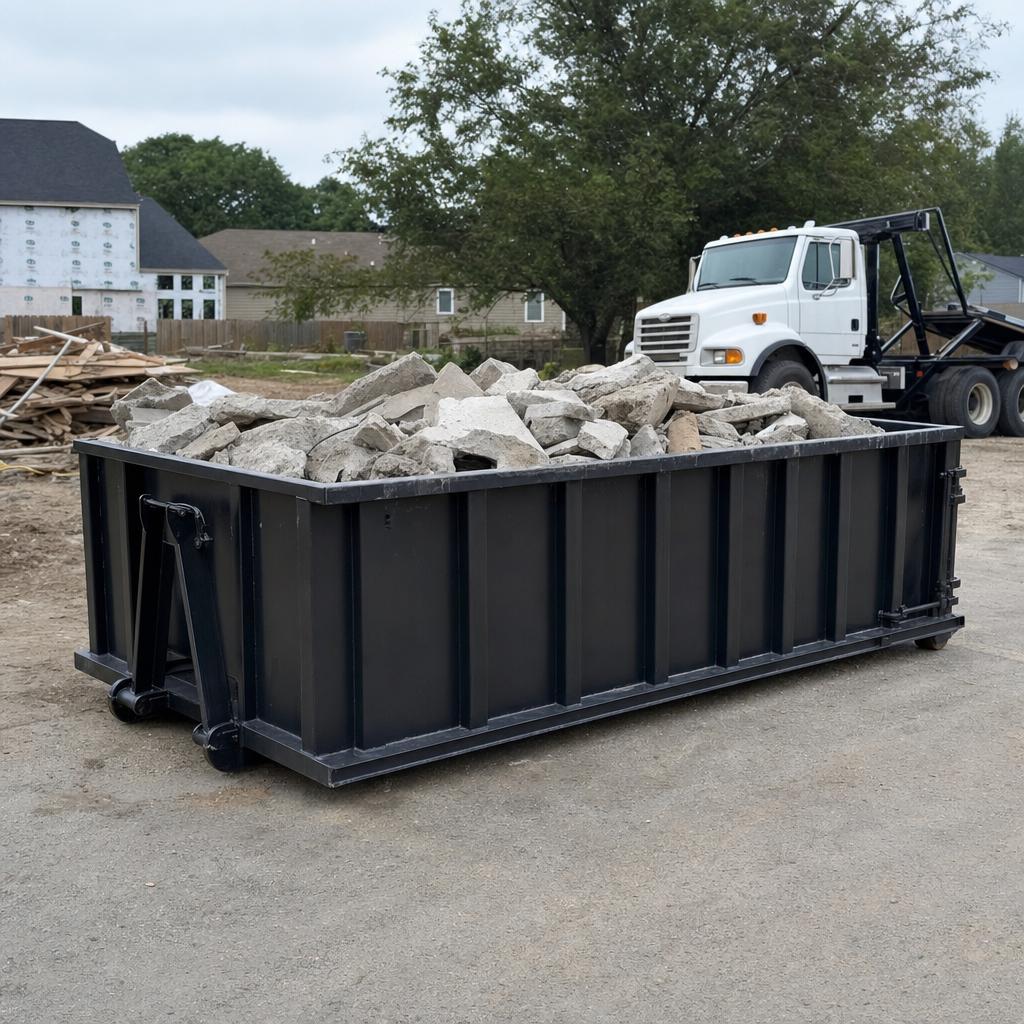 Low-profile matte-black lowboy roll-off dumpster loaded with broken concrete slab and rebar at a foundation tear-out in Livermore, skid steer parked beside it, sunny Colorado morning