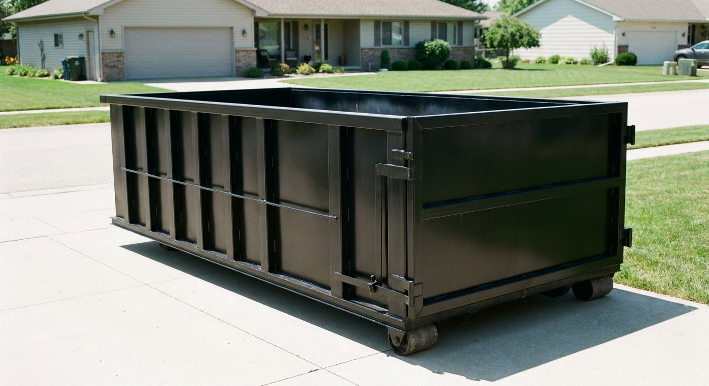 Matte-black 10-yard roll-off dumpster on a residential concrete driveway in Livermore, uniformly painted matte black across every panel and rail, ribbed steel sidewalls and rear swing door visible, mid-day daylight.