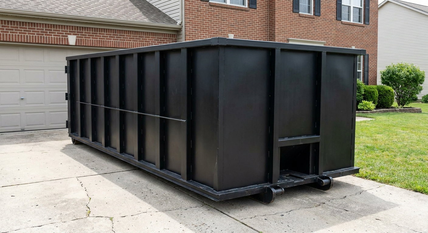 Matte-black 20-yard roll-off container on a Livermore residential concrete driveway with reinforced ribbed steel sidewalls and a hinged rear walk-in door, clean bright daylight.