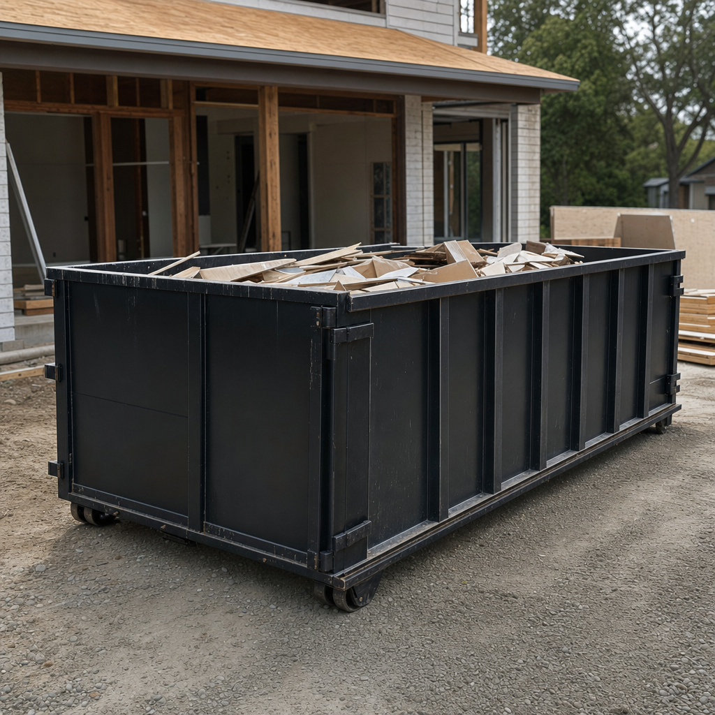 Large matte-black 30-yard construction roll-off dumpster at an active Livermore jobsite, steel-gray top rails and bottom rollers visible, loaded with construction debris.