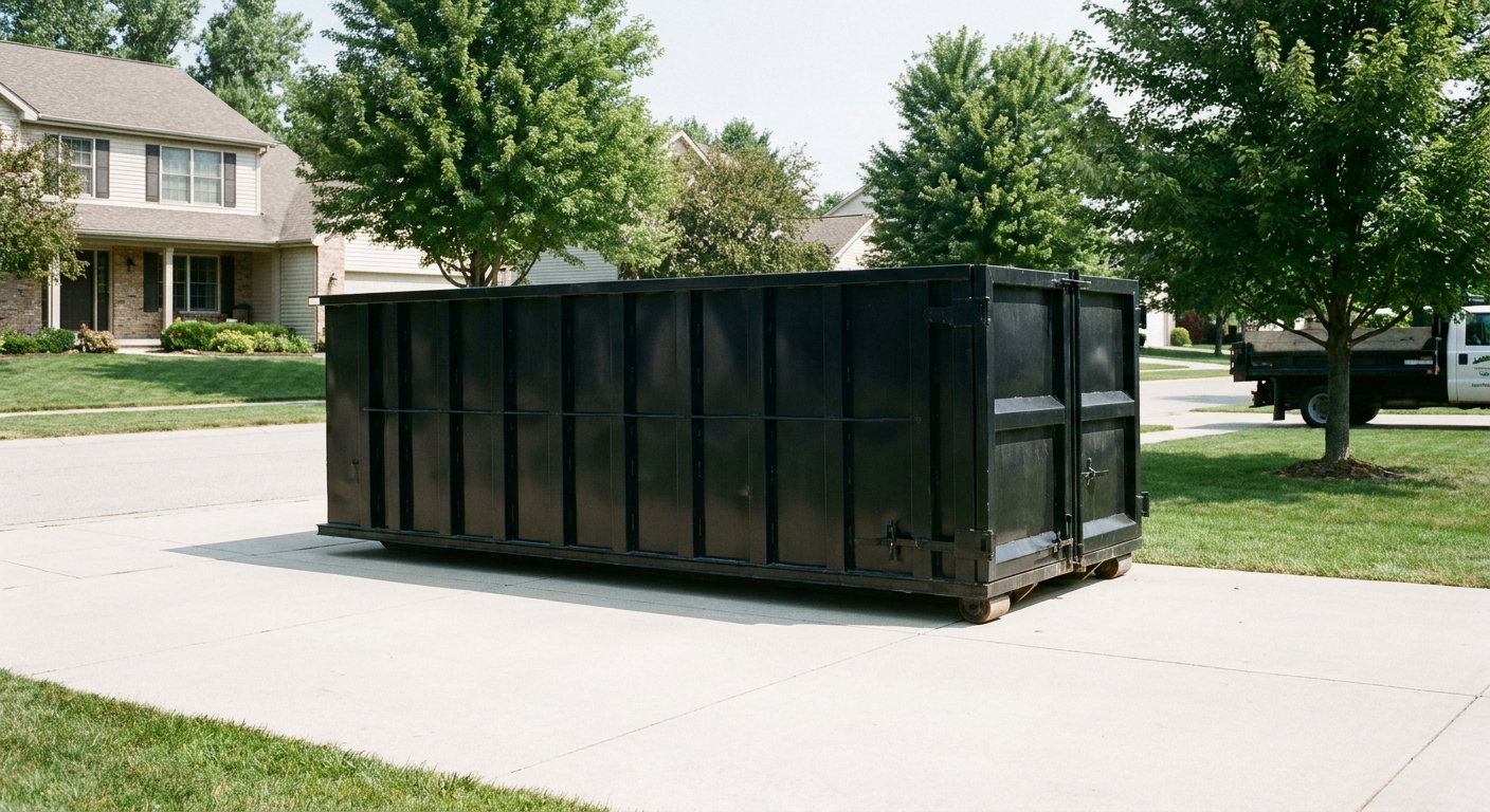 Matte-black 20-yard roll-off dumpster sitting level on a clean Livermore residential concrete driveway under bright daylight, demonstrating clean placement directly on the concrete.