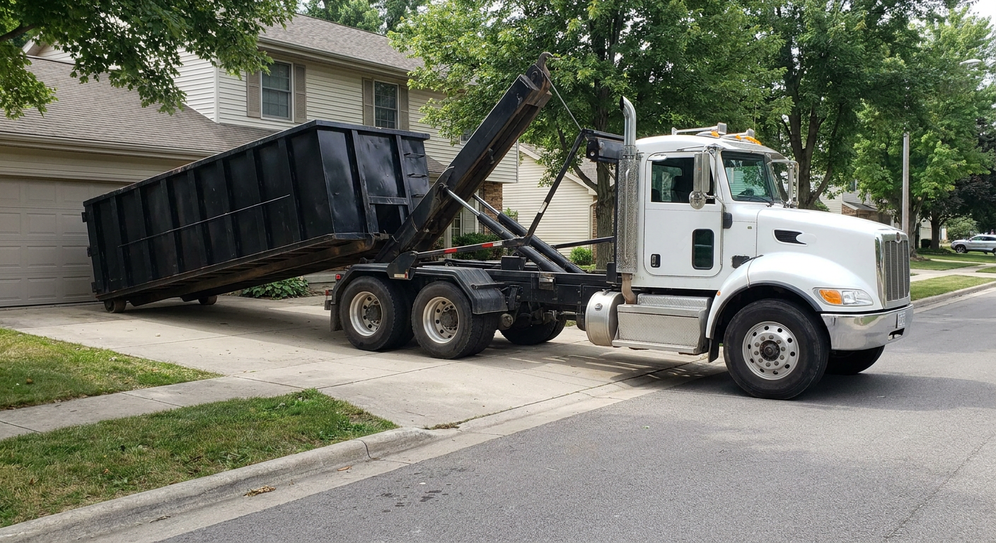 White-cab hooklift roll-off truck actively lowering a matte-black dumpster onto a Livermore residential concrete driveway, the dumpster's rear wheels touching the driveway as the hoist arm tilts the bed forward, mid-morning daylight.