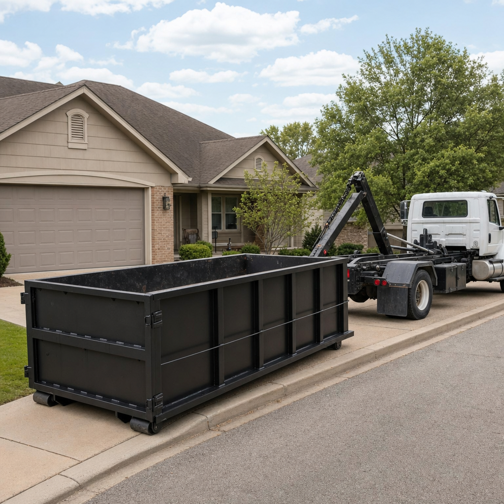 Wide documentary shot of a matte-black roll-off dumpster on a Livermore residential driveway in the foreground and a contractor jobsite container in the soft-focus background, bright daylight, calm and orderly composition.