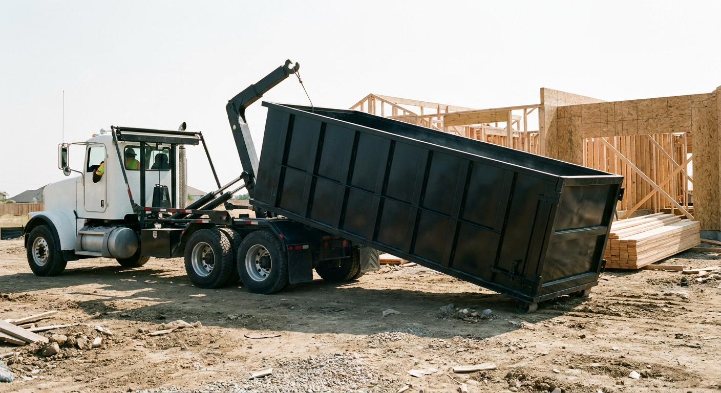 Matte-black roll-off dumpster being delivered onto a clean residential concrete driveway in Livermore by an unmarked white hooklift hauler truck, bright morning daylight, documentary 35mm perspective.