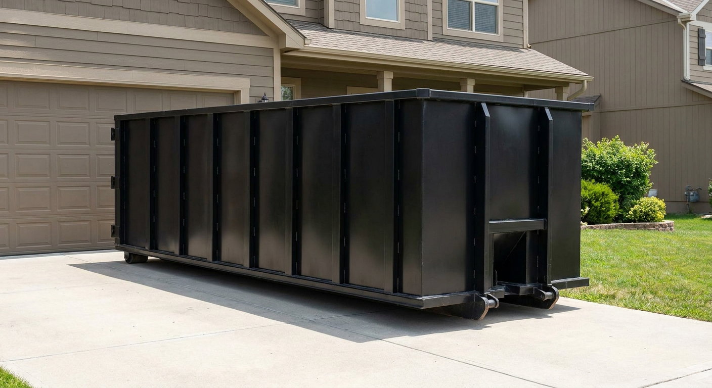 Matte-black residential roll-off dumpster sitting directly on a suburban Livermore concrete driveway, garage door closed, single-family home in background, bright morning daylight.