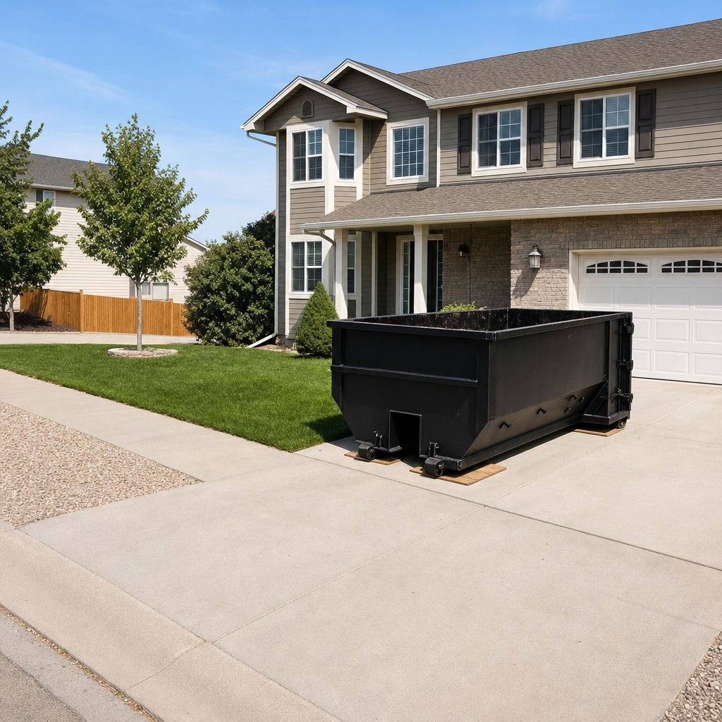 10-yard matte-black residential dumpster placed directly on a narrow Livermore concrete driveway, room remains for a parked sedan beside it, mid-morning natural light