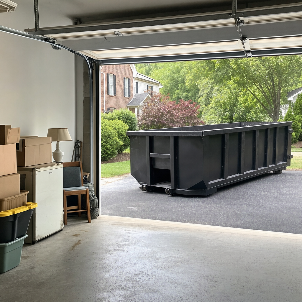 Open garage interior in a Livermore home mid-cleanout — boxed items, an old appliance, and stacked yard tools queued near the driveway for a matte-black roll-off dumpster, organized and calm