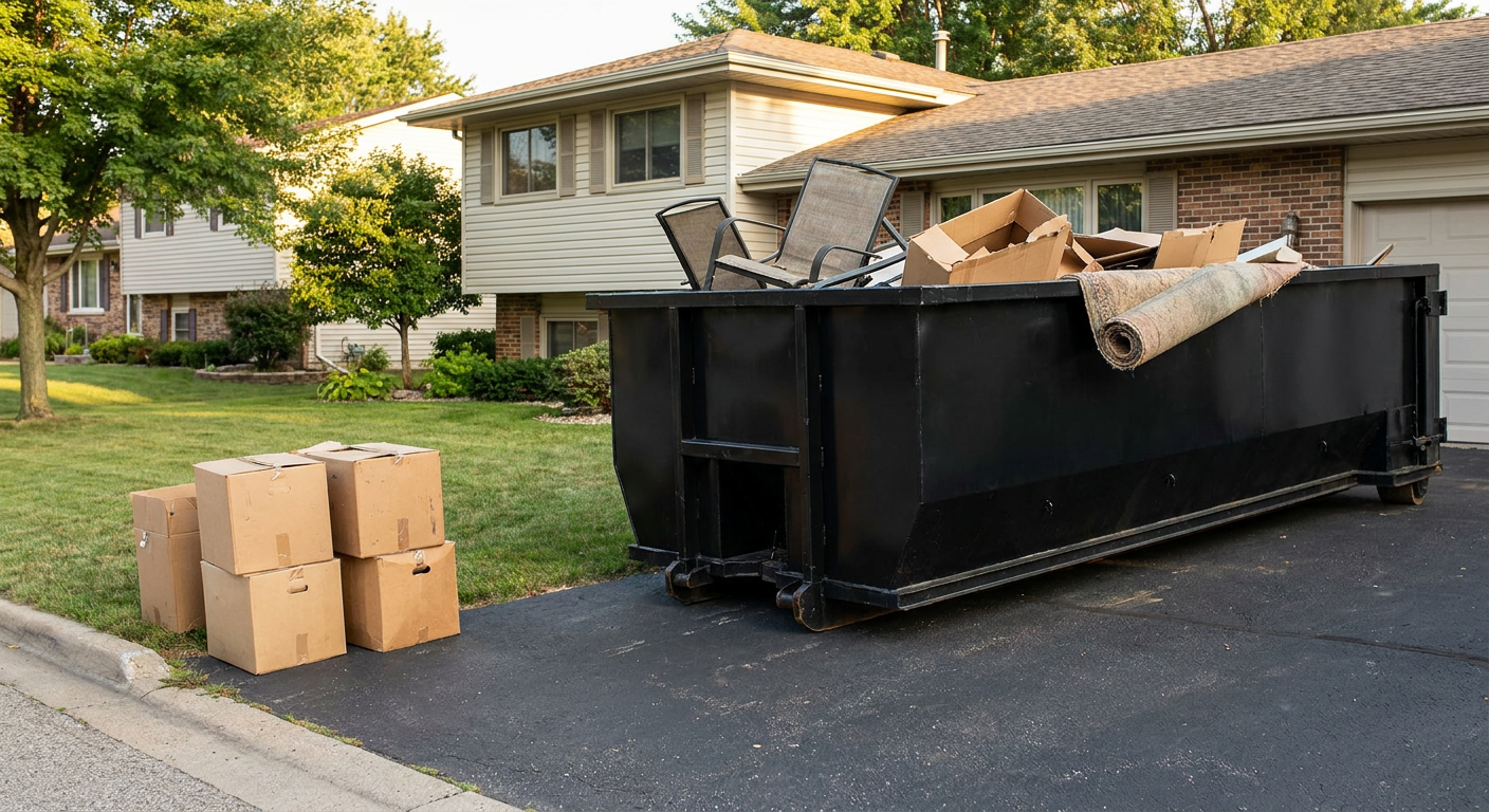 Front-yard view of a Livermore split-level home with a 20-yard matte-black roll-off dumpster sitting directly on the asphalt driveway, a few clearly labeled donation boxes staged at the curb, calm sunny afternoon.