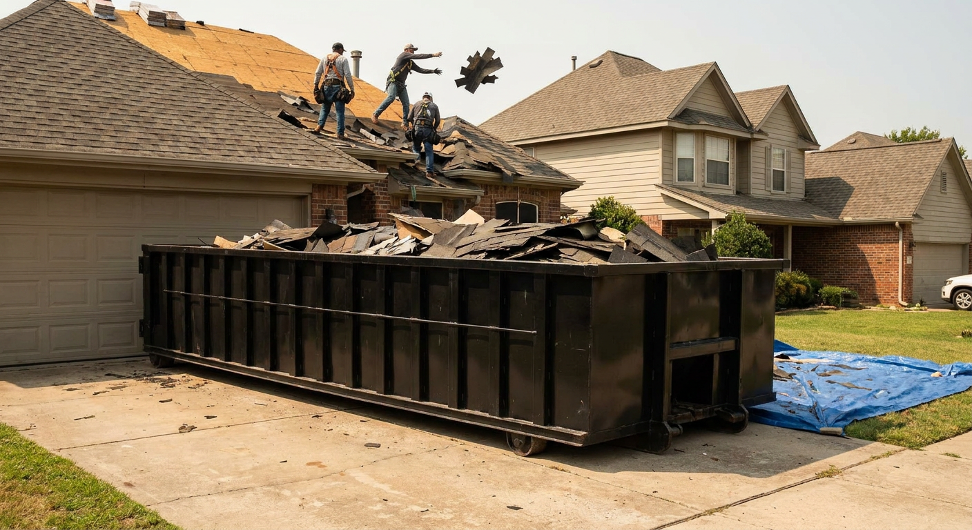 Matte-black roofing roll-off dumpster placed directly on a Livermore residential concrete driveway, a tear-off crew on a two-story asphalt-shingle roof tossing shingle bundles into the low-walled container, bright daylight, documentary 35mm perspective.