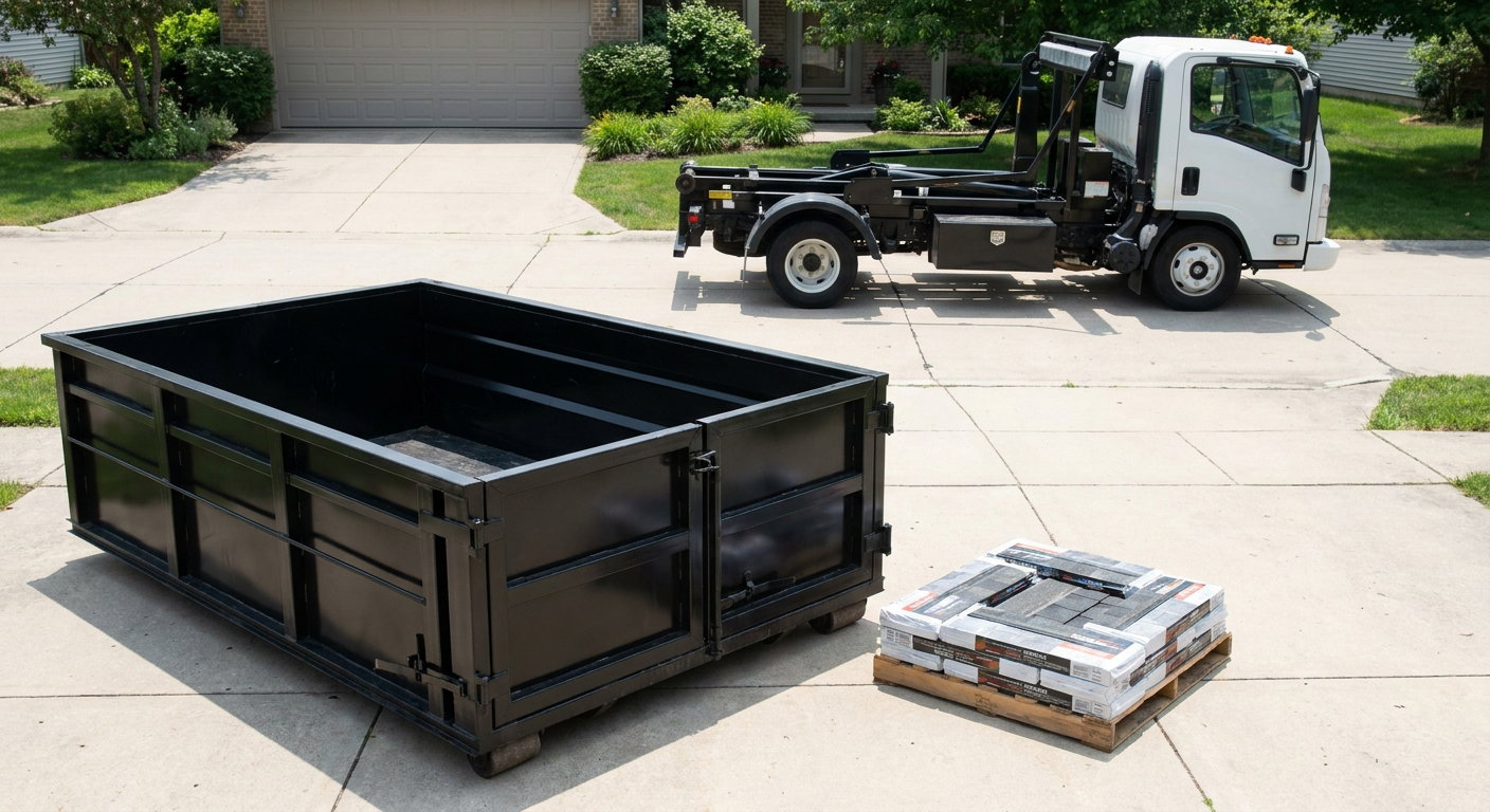 Matte-black 15-yard roofing roll-off dumpster with reinforced low side walls sitting directly on a Livermore residential concrete driveway, three-tab asphalt shingle bundles stacked nearby, an unmarked white hauler truck partially visible at the edge of the frame.