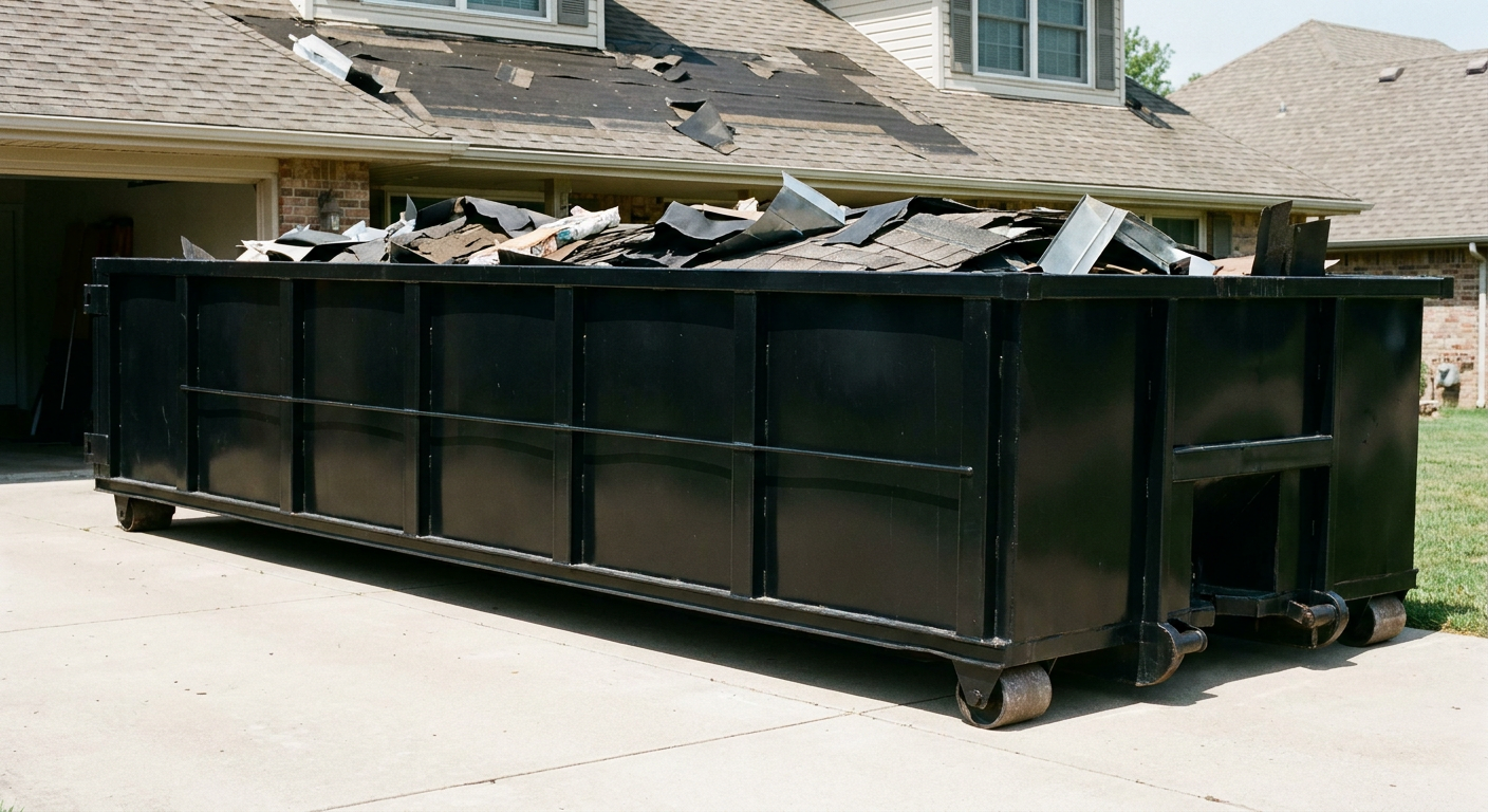 Matte-black 20-yard roofing roll-off dumpster with steel ribbed sides and swinging rear door, sitting directly on the concrete driveway of a two-story Livermore home, asphalt shingle debris being loaded over the low wall, clean documentary lighting.