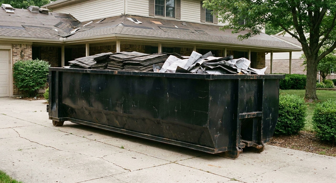 Matte-black 30-yard roofing roll-off dumpster sitting directly on a Livermore concrete driveway, taller ribbed steel side panels, mixed tear-off debris of asphalt shingles and underlayment inside, professional documentary daylight.