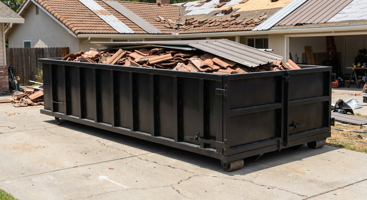Matte-black low-wall heavy-debris roofing roll-off dumpster sitting directly on a Livermore concrete driveway, broken concrete clay roof tiles and metal panel sections loaded inside, reinforced ribbed steel side walls visible, bright outdoor daylight.