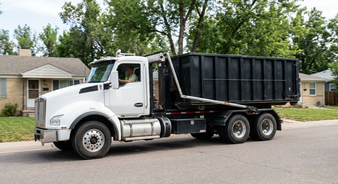 A wide documentary shot of a matte-black roll-off delivery truck pulling onto a quiet Livermore residential street at mid-morning, with neighborhood rooftops and tree-lined blocks visible behind, showing the metro coverage footprint.