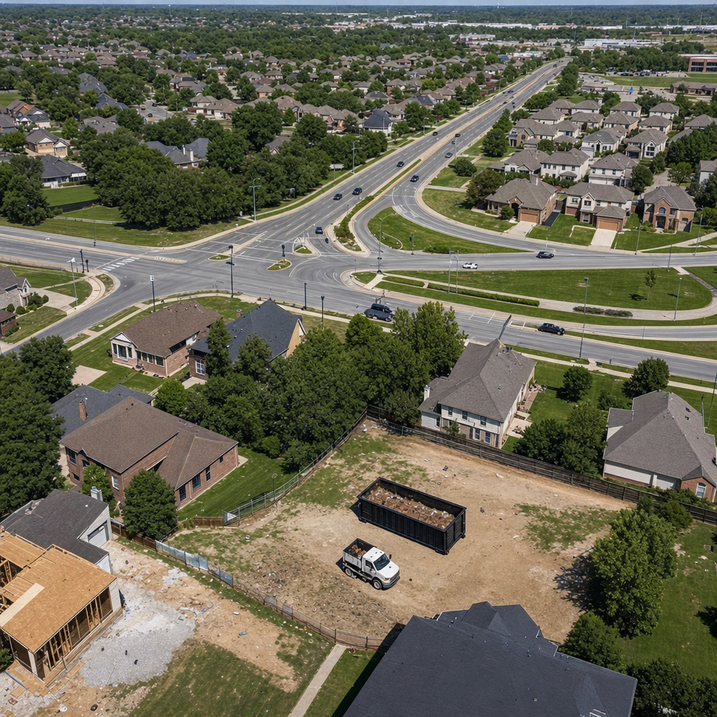 An overhead documentary view of the Livermore metro area at midday, showing the spread of neighborhoods, arterial roads, and the dispatch radius from a central yard — clean daylight, organized geographic layout.