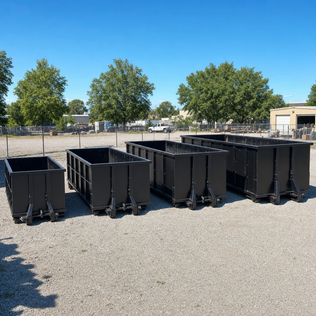 A clean lineup of matte-black roll-off dumpsters in 10, 20, 30, and 40-yard sizes staged on a sunlit gravel yard in Livermore, showing the size progression from compact to commercial-scale containers.