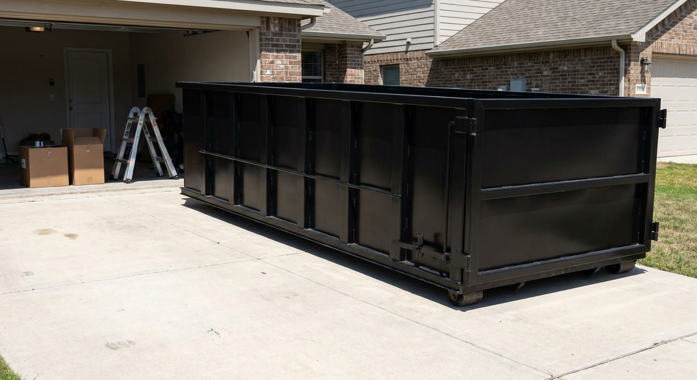 A matte-black 10-yard roll-off dumpster sitting directly on a residential Livermore concrete driveway, mid-day sunlight, clean and ready for a garage cleanout.