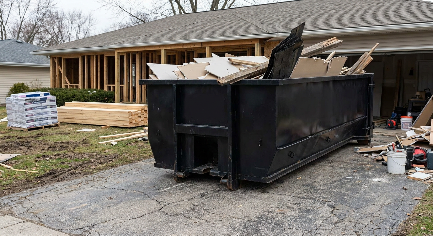 A matte-black 20-yard roll-off dumpster placed alongside a mid-renovation Livermore home directly on the asphalt driveway, with framing materials and torn-off shingles staged neatly nearby.