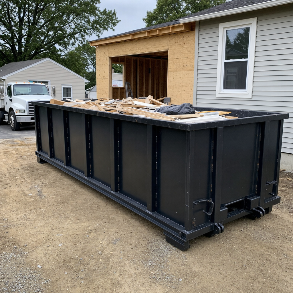 A matte-black 30-yard roll-off dumpster positioned at a Livermore residential addition jobsite, with framing lumber and drywall scraps loaded through the open swinging rear doors.