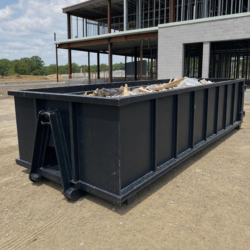 A matte-black 40-yard roll-off dumpster staged on a large Livermore commercial construction lot, with a hooklift delivery truck parked alongside under bright midday sky.