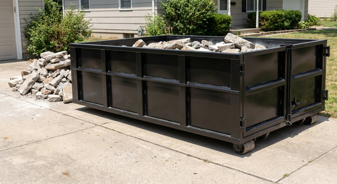 A matte-black low-side heavy-debris roll-off dumpster placed directly on a Livermore concrete driveway, with broken concrete chunks neatly stacked beside it under clean daylight.